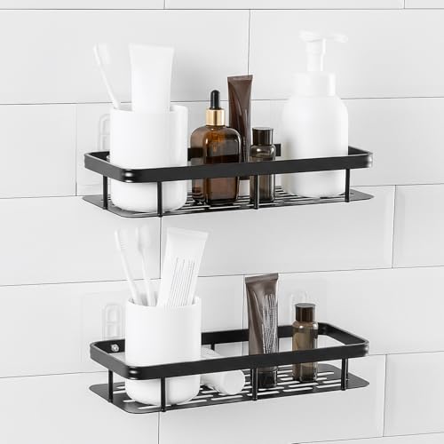 Amazon Basics Self-Adhesive Aluminium Bathroom Wall Shelf | Water-Resistant | Pack of 2 | Tool-Free Installation | Black | 30D x 13W x 5.5H cm