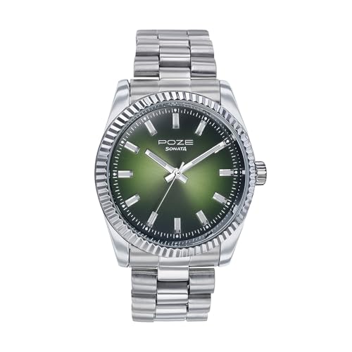 Sonata Poze Quartz Analog Green Dial Silver Color Metal Strap Watch for Men – SP70043SM02W