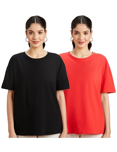 Amazon Brand – Symbol Women’s Cotton Stretch Oversized Fit Round Neck Half Sleeve T-Shirt (Combo Pack of 2) (TS-8 Cont_Black & RED_S)